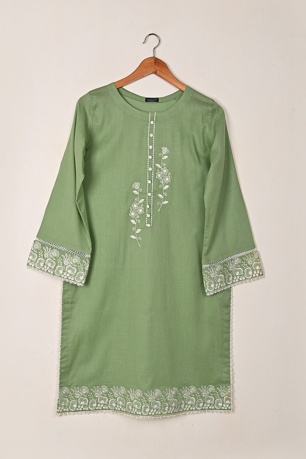 Ruby - Green - CAMBRIC EMBROIDERED KURTI