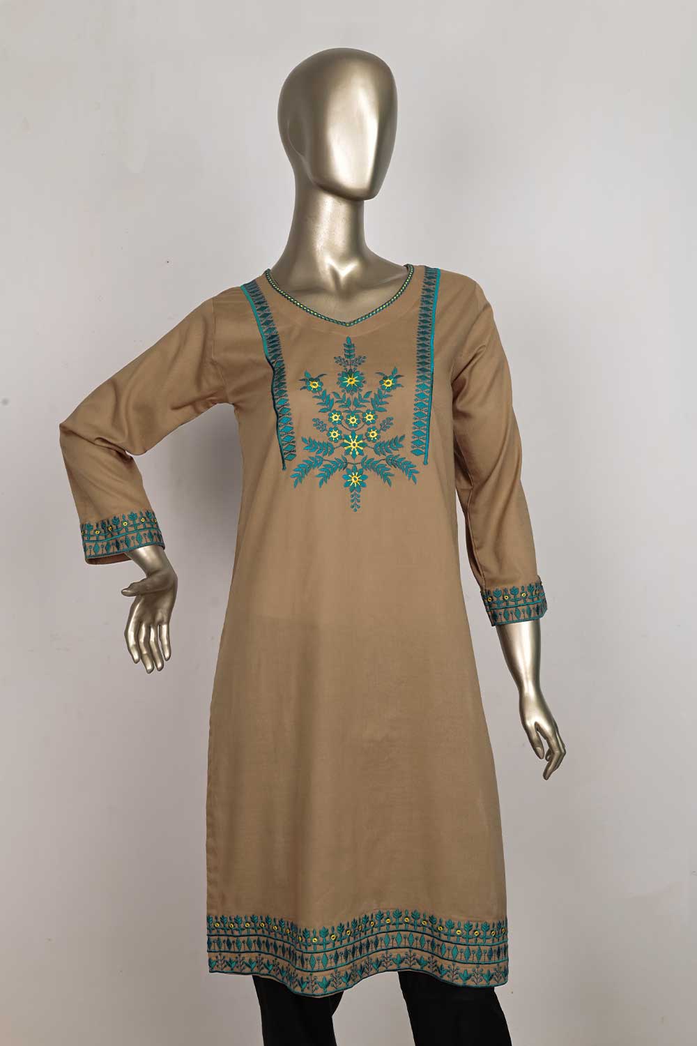 P-60-22K-BREACH KHAAKI | COTTON EMBROIDERED KURTI