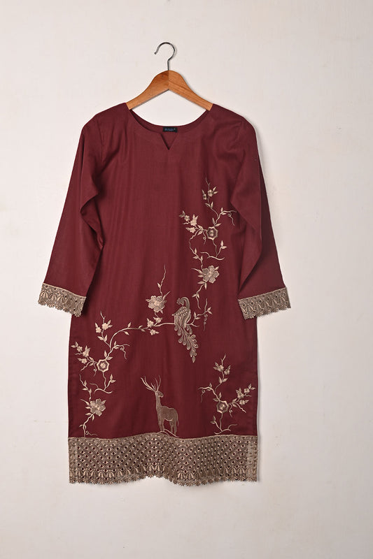 Deer - Maroon - CAMBRIC PRINTED & EMBROIDERED KURTI