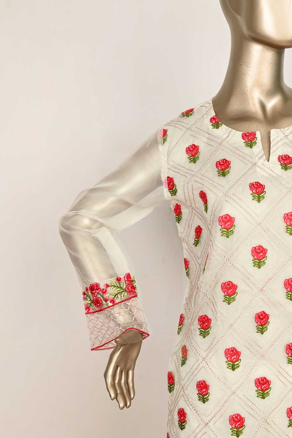 P-76-17-OFFWHITE - RED ROSE | ORGANZA EMBROIDERED KURTI