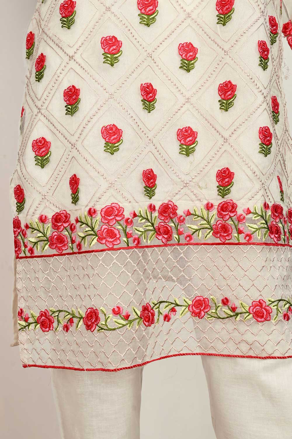 P-76-17-OFFWHITE - RED ROSE | ORGANZA EMBROIDERED KURTI