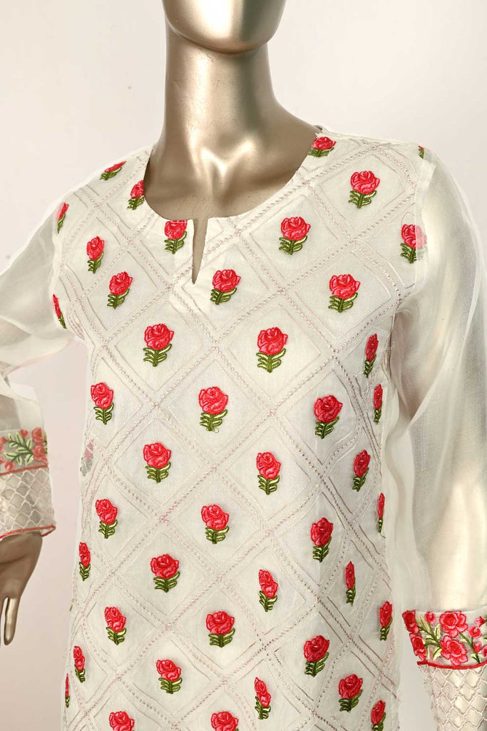 P-76-17-OFFWHITE - RED ROSE | ORGANZA EMBROIDERED KURTI