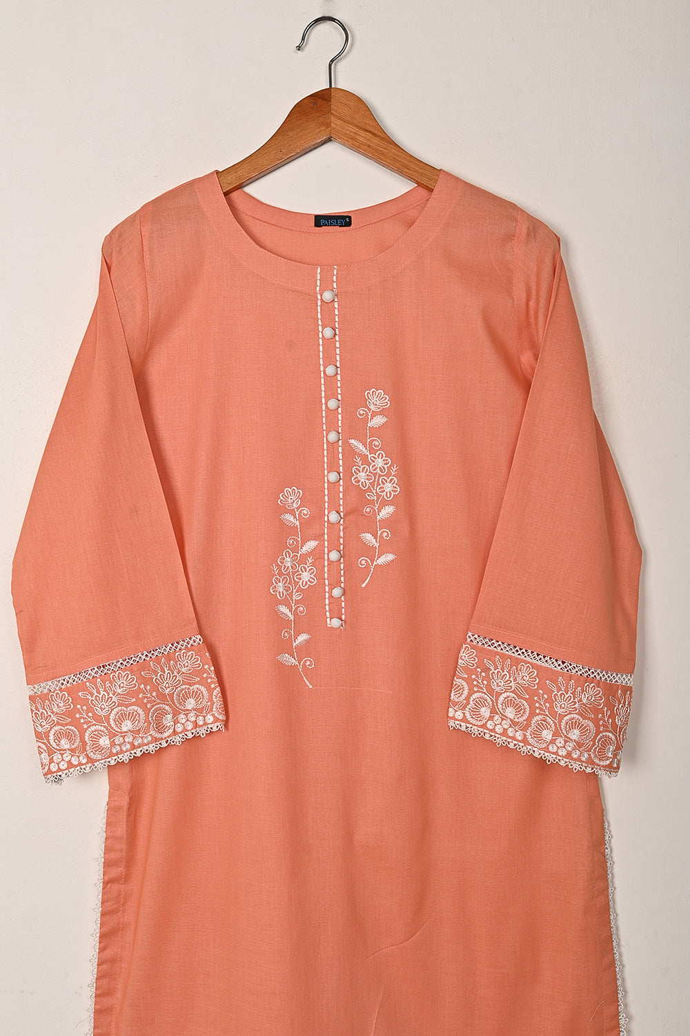 Ruby - Dark Peach - CAMBRIC EMBROIDERED KURTI