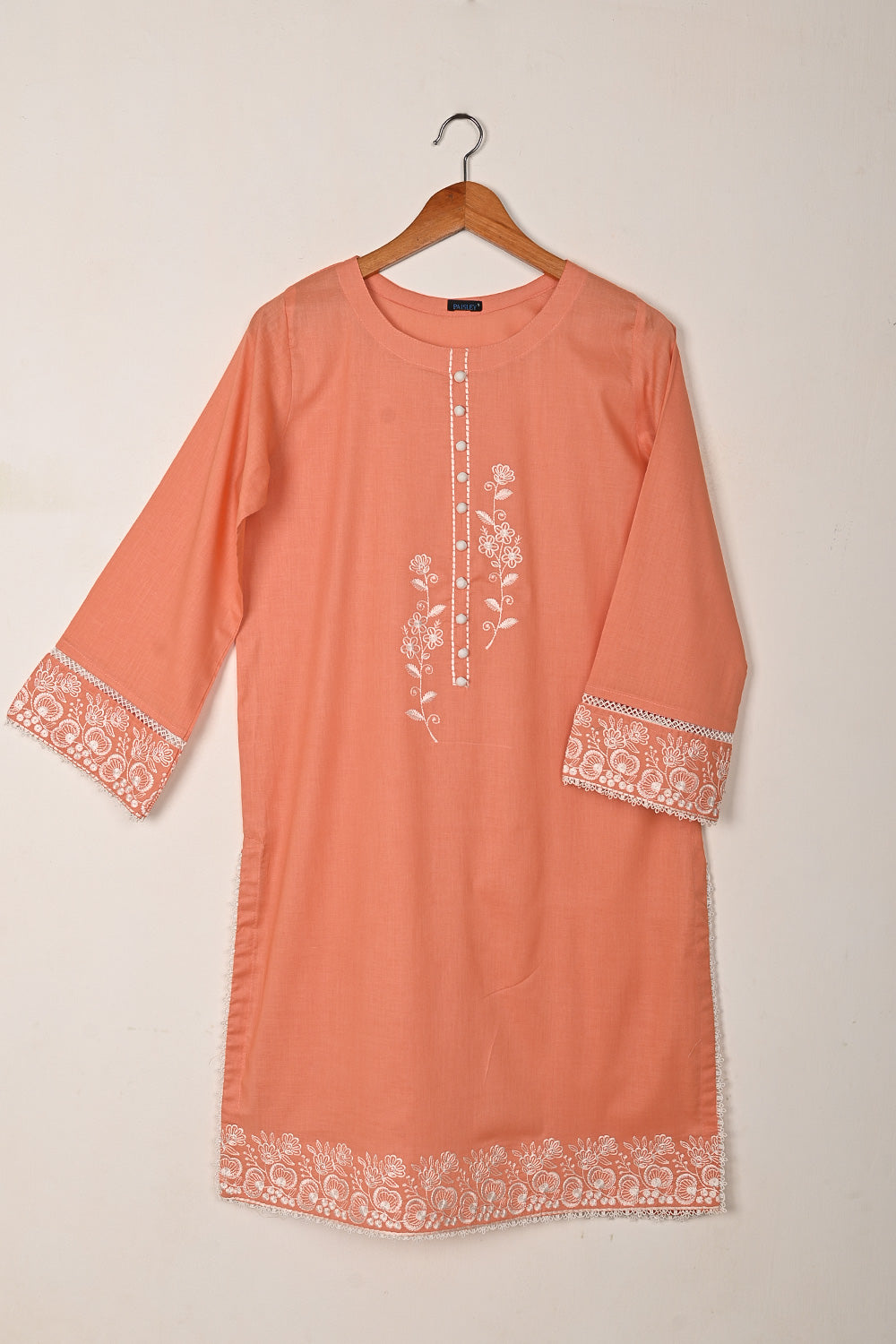 Ruby - Dark Peach - CAMBRIC EMBROIDERED KURTI