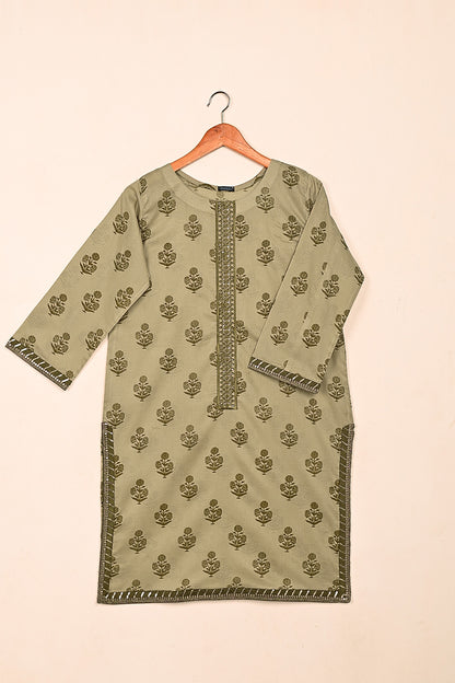 Khaaki Print - Green - Stitched Cotton Cambric Kurti