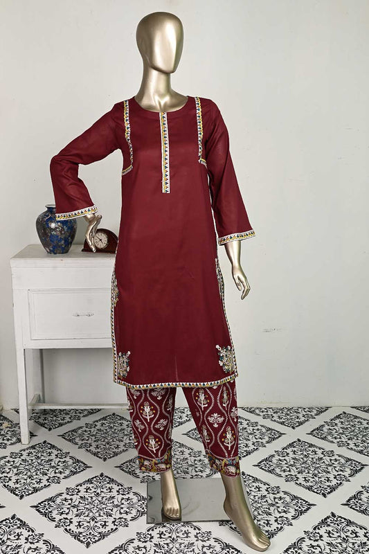 P-19-23-Maroon - Surahi | 2Pc Cambric Printed Shirt With Printed Trouser