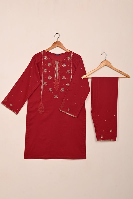 Vague - Red - 2Pc COTTON EMBROIDERED DRESS