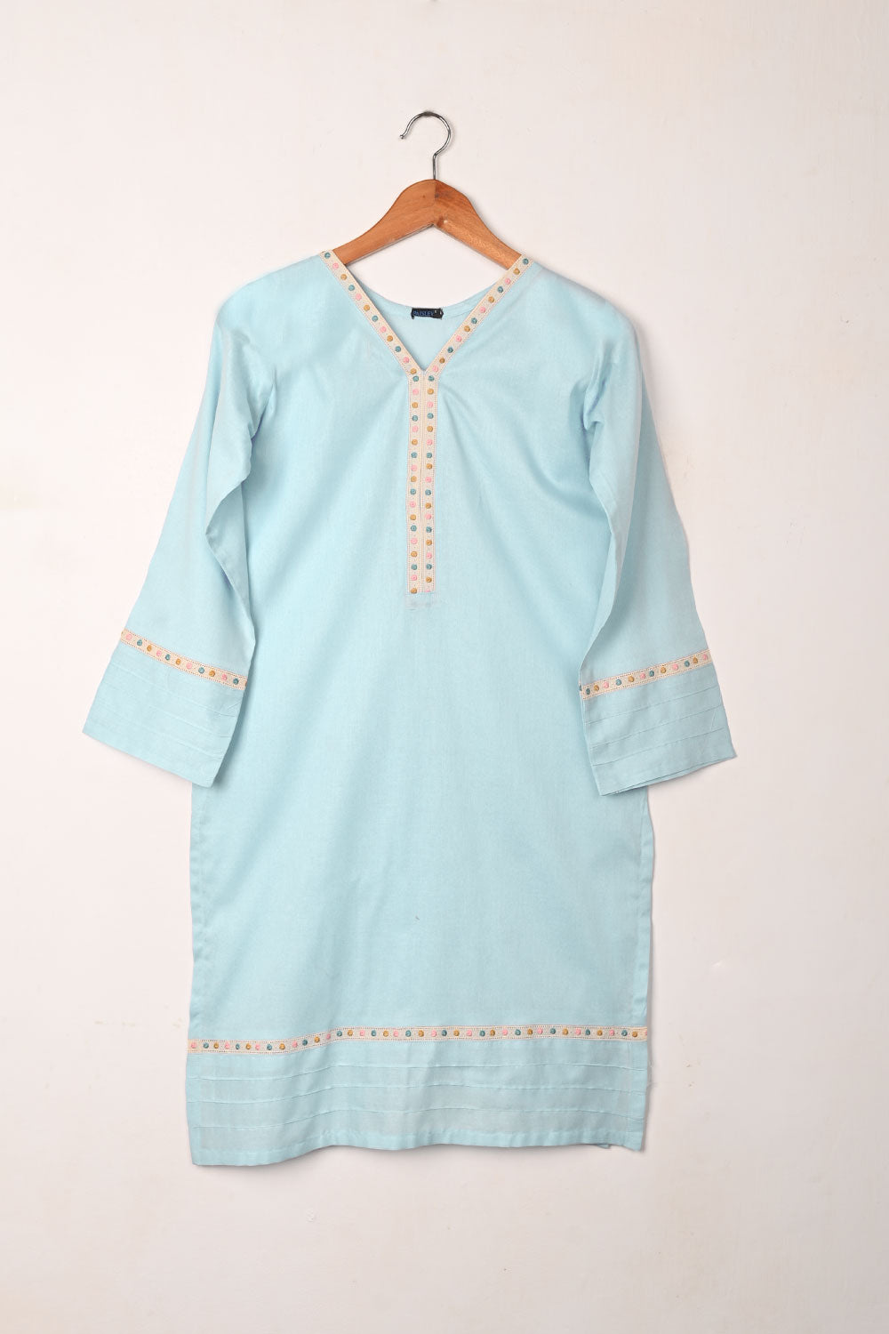 Solids - Sky Blue - CAMBRIC EMBROIDERED KURTI