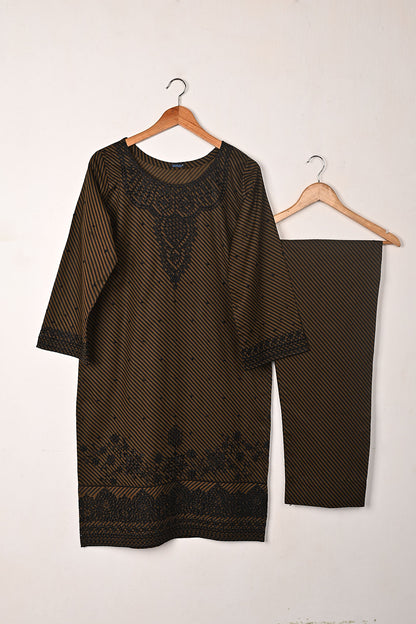 Cross Lines - Brown- 2Pc CAMBRIC PRINTED & EMBROIDERED DRESS