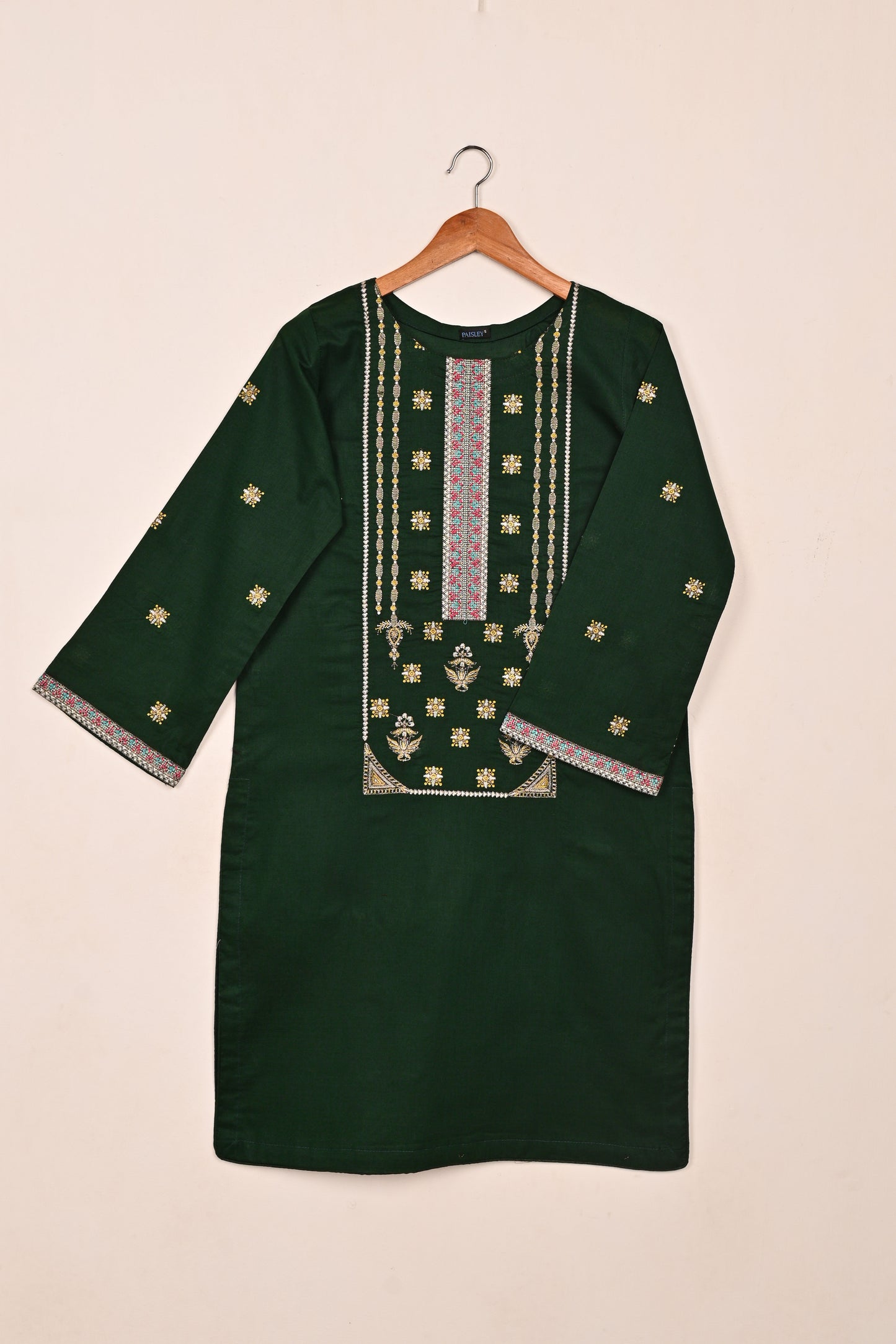 Podrum - Bottle Green - CAMBRIC EMBROIDERED KURTI