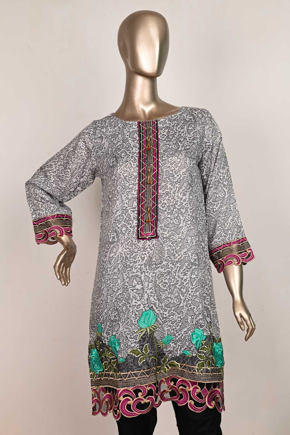 P-117-21F-DAIRY FUSHIA | PRINTED & EMBROIDERED VISCOSE KURTI