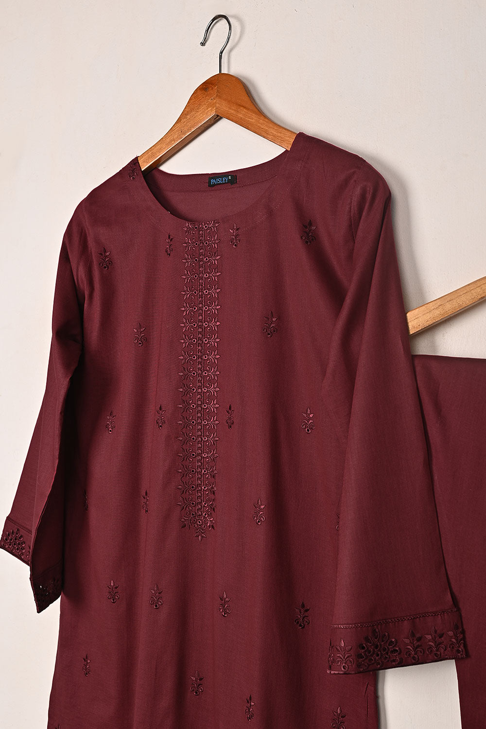 Sparko 2Pc - Maroon- CAMBRIC EMBROIDERED DRESS