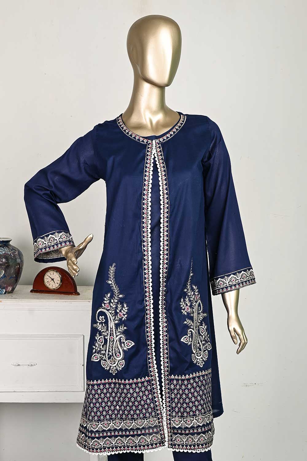 P-23-23-Blue - Coat | 2Pc Cambric Printed Shirt With Printed Trouser