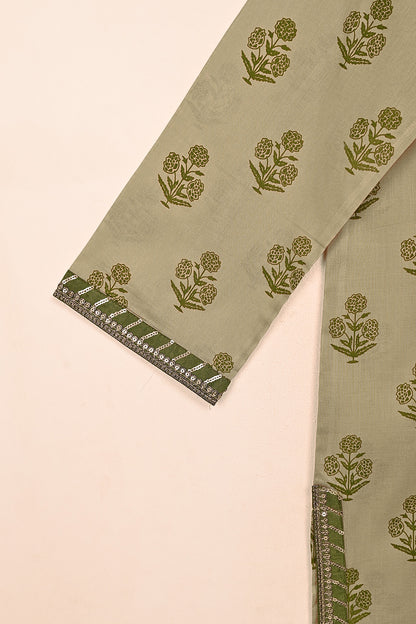 Khaaki Print - Green - Stitched Cotton Cambric Kurti