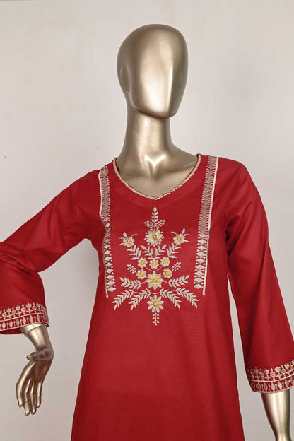 P-60-22-RED BREACH RED | COTTON EMBROIDERED KURTI