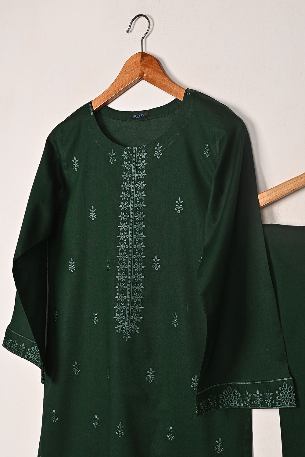 Sparko 2Pc - Bottle Green- CAMBRIC EMBROIDERED DRESS