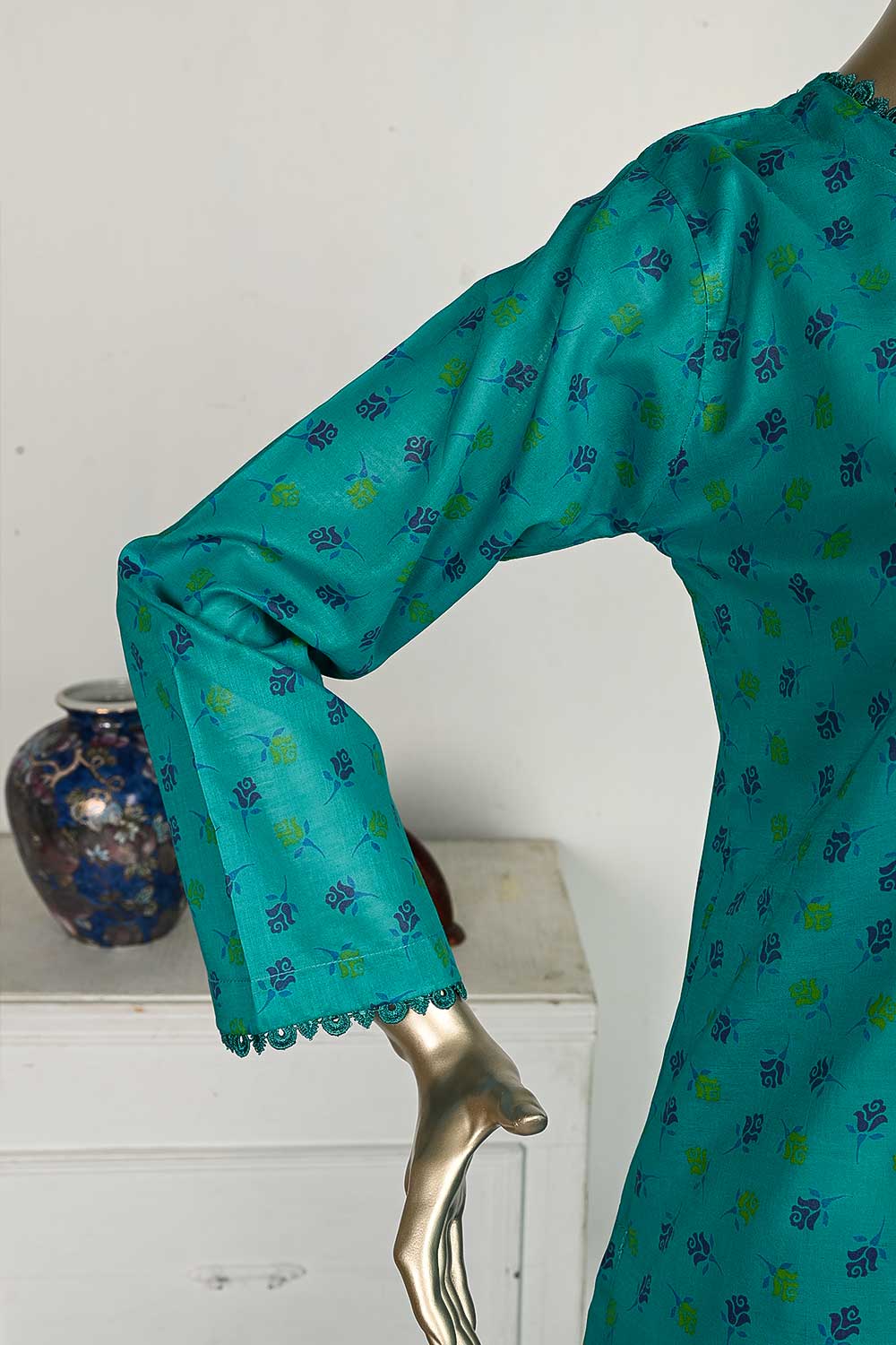 P-14-23-SeaGreen - Tiny Roses | 2Pc Cambric Printed Shirt With Printed Trouser