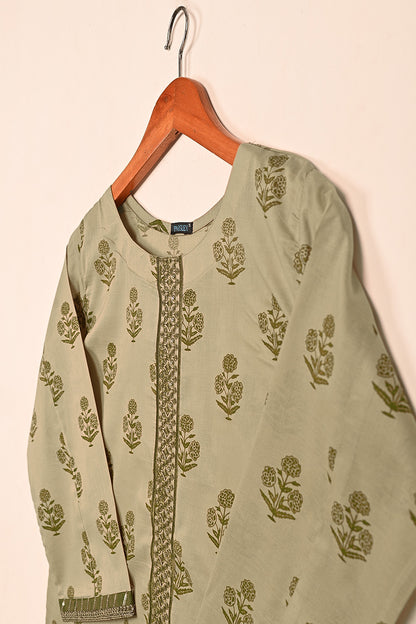 Khaaki Print - Green - Stitched Cotton Cambric Kurti