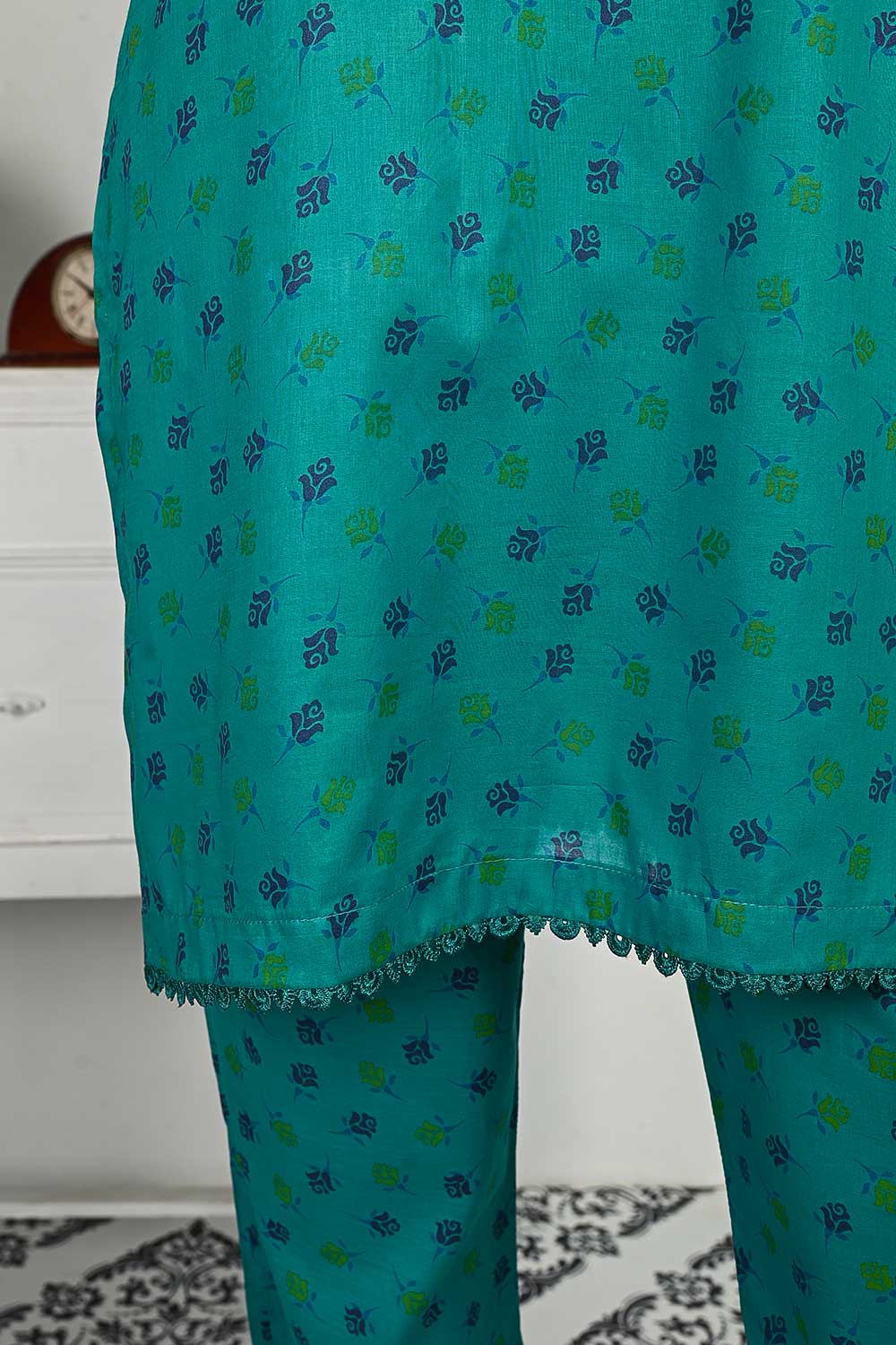 P-14-23-SeaGreen - Tiny Roses | 2Pc Cambric Printed Shirt With Printed Trouser