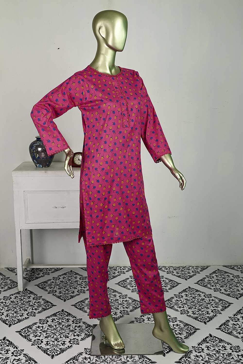 P-14-23-Pink - Tiny Roses | 2Pc Cambric Printed Shirt With Printed Trouser