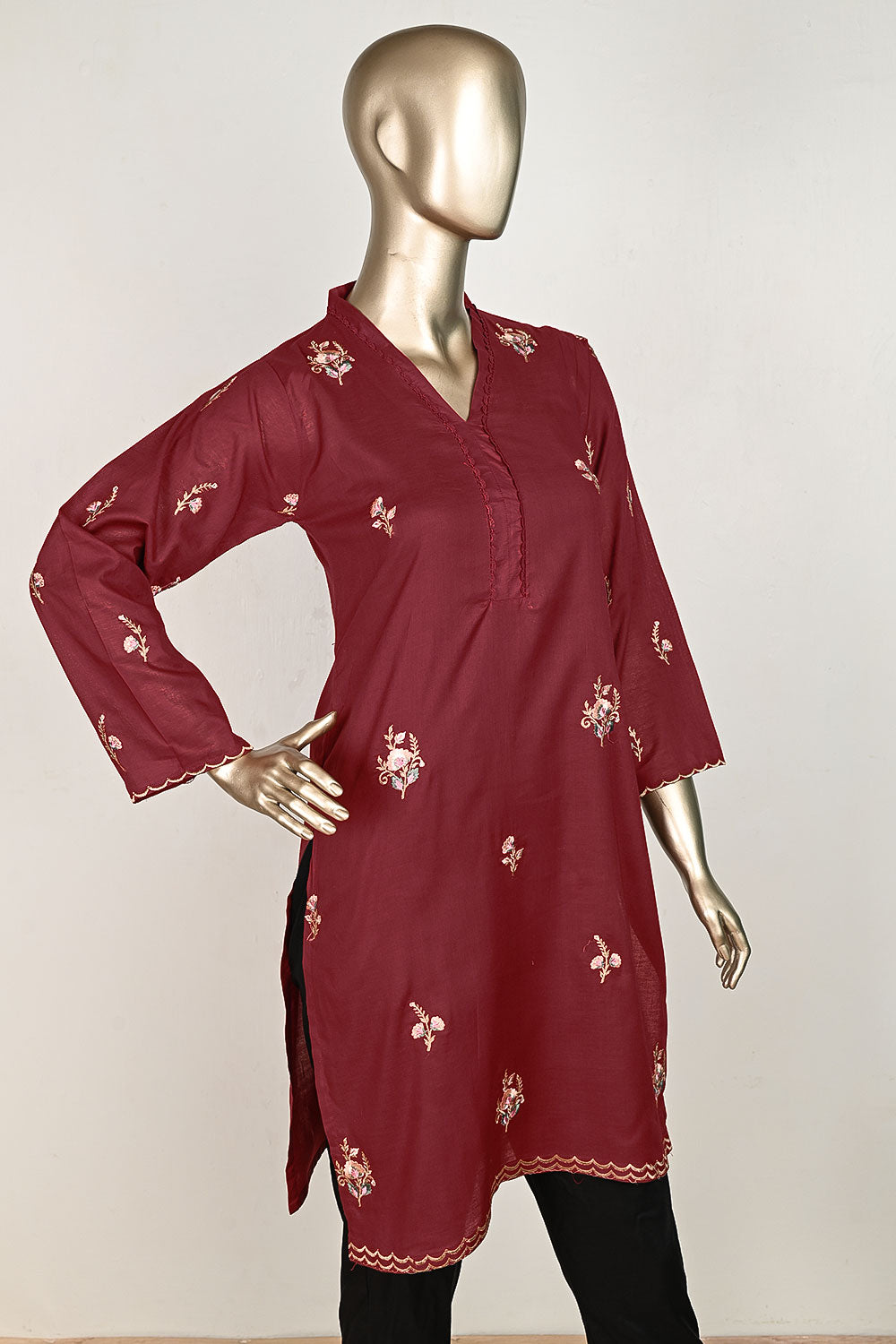 P-25-23-Maroon - Concrete | Cambric Embroidered Kurti