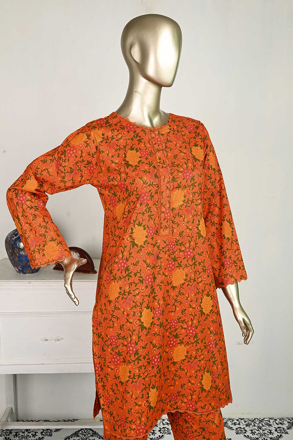 P-21-23-Orange - Garden Gulab | 2Pc Cambric Printed Shirt With Printed Trouser