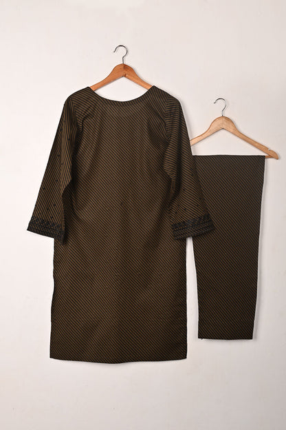 Cross Lines - Brown- 2Pc CAMBRIC PRINTED & EMBROIDERED DRESS