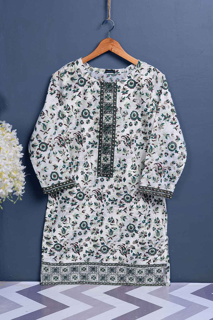 Cambric Printed & Embroidered Kurti - KIWI (P-209-19-White)