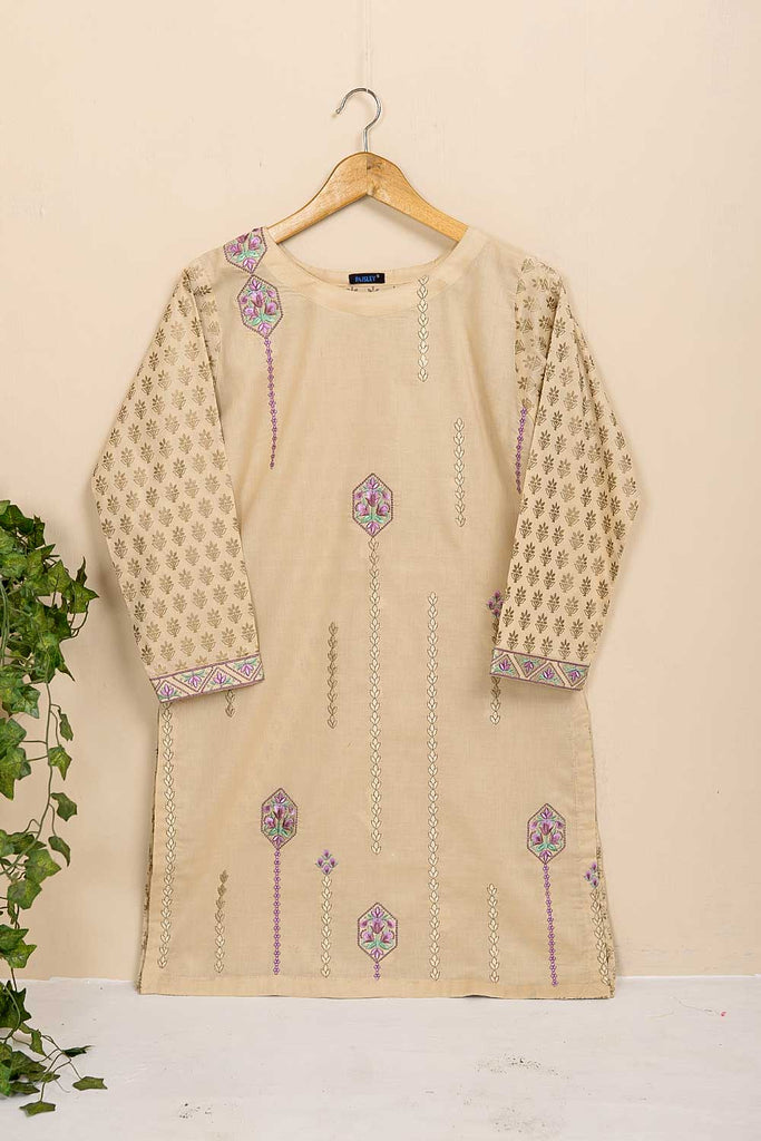 Cambric Embroidered & Printed Kurti - Flower Pot - (P-250-19-Skin)