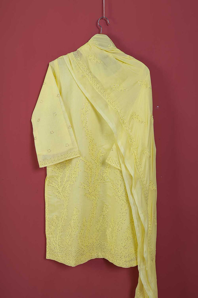 Khombi Paper Cotton 2PC (P-KPC2pc-21-Yellow) - Paper Cotton Embroidered Shirt With Mirror Work With Chiffon Embroidered Dupatta