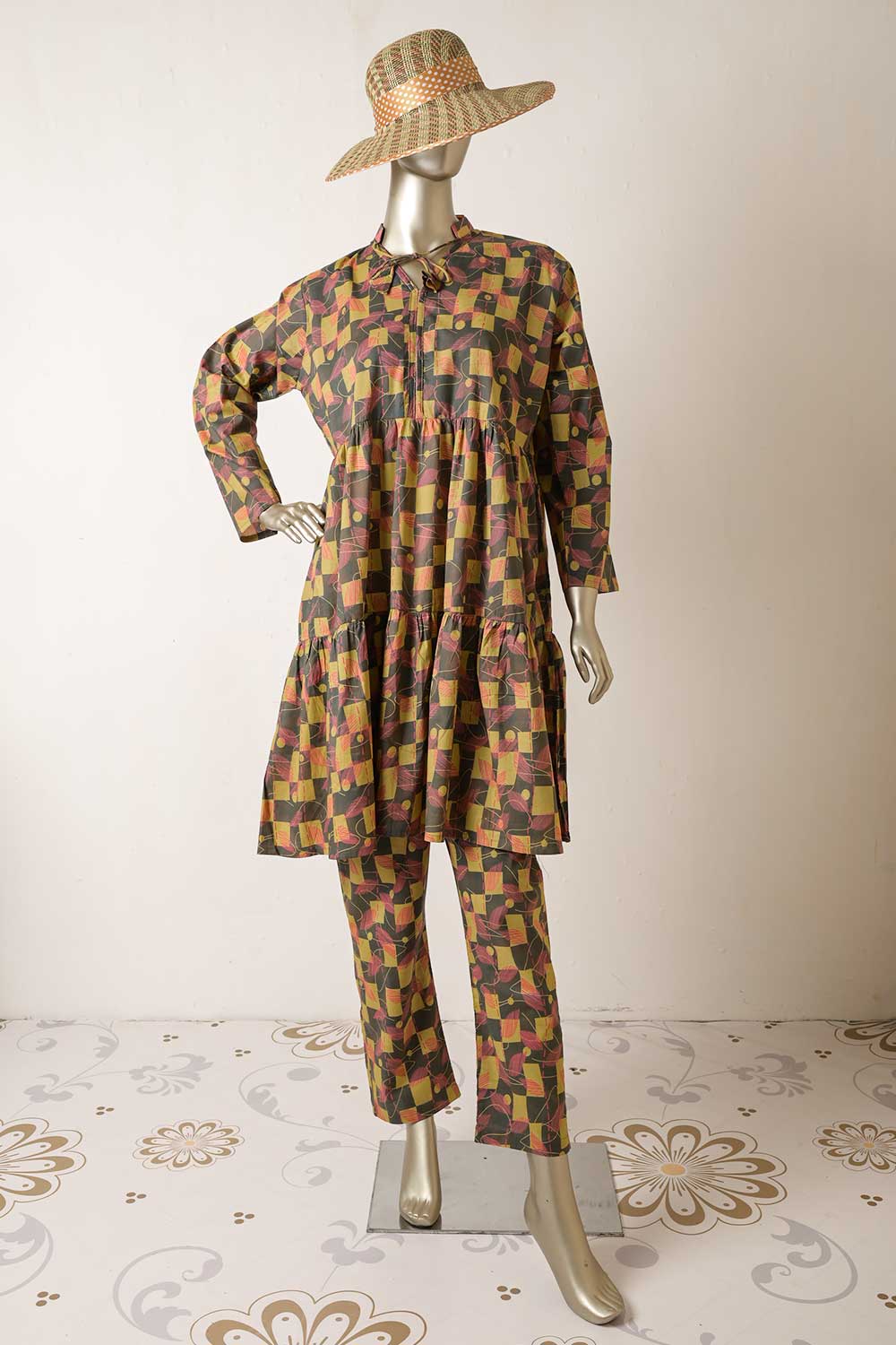 P-64-22-Mustard - Box-Frock | 2Pc Cambric Printed Frock With Printed Trouser