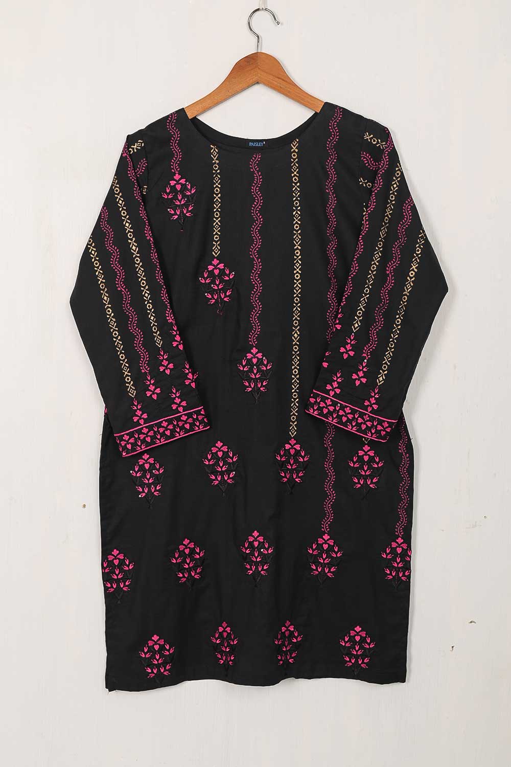 Cambric Printed & Embroidered Kurti - Block Sequence (P-81-20-Black)