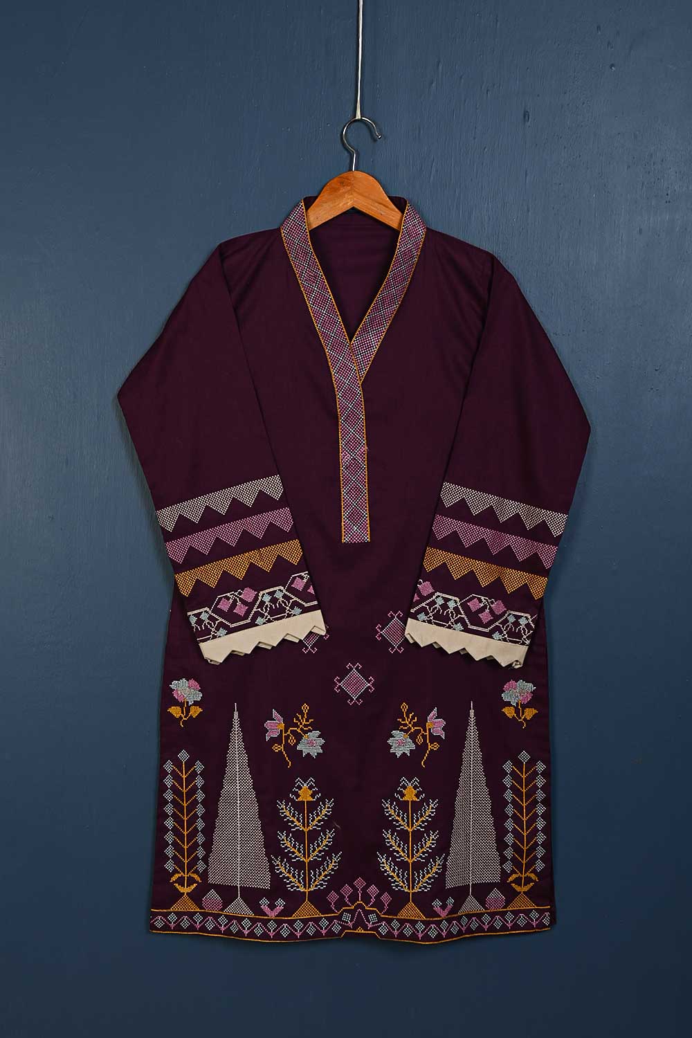 P-112-21-Purple - Pyramid Tree - Cambric Embroidered Kurti