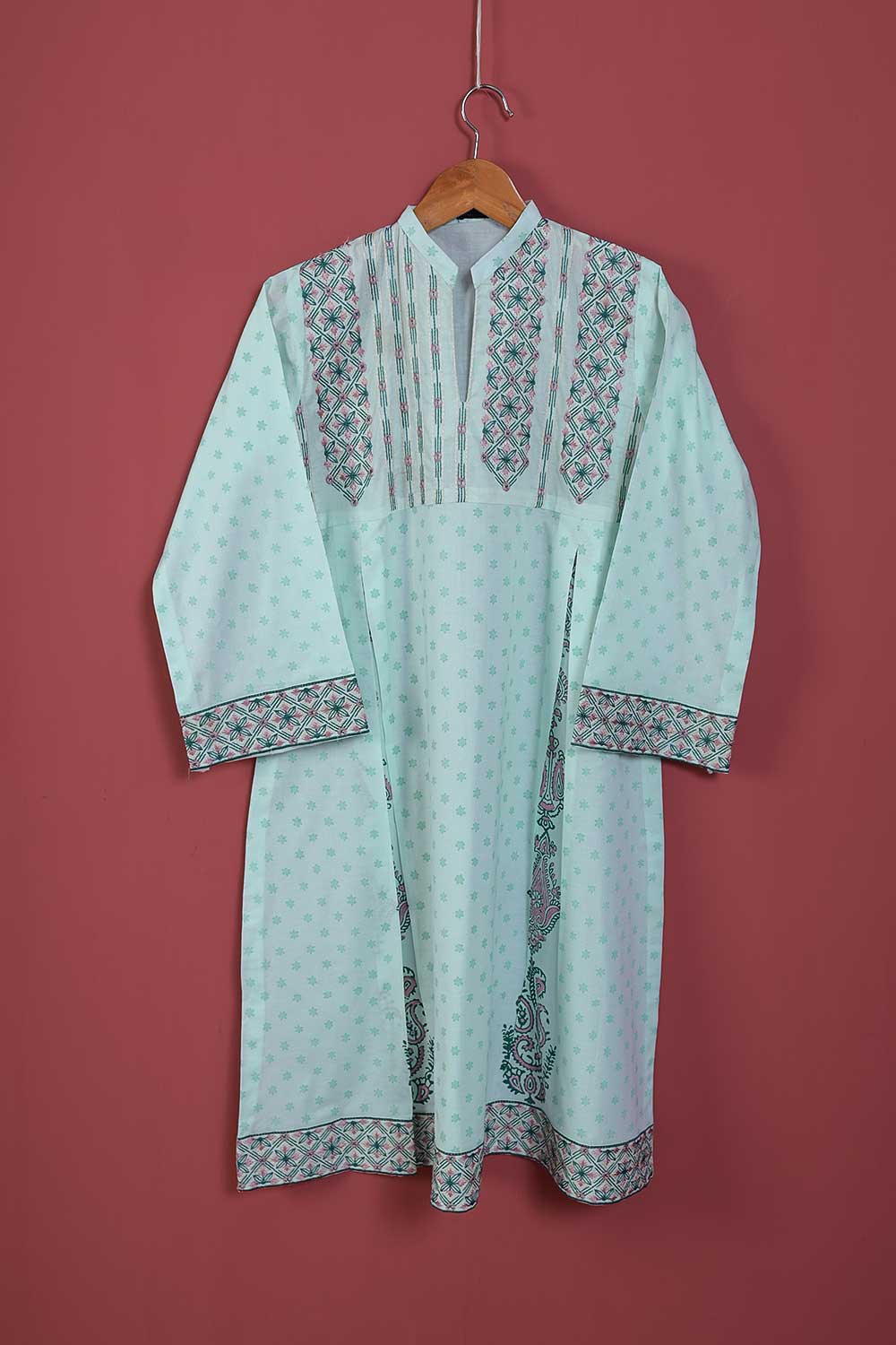 (P-67-21-Sea Green) - Cotton Printed & Embroidered Frock