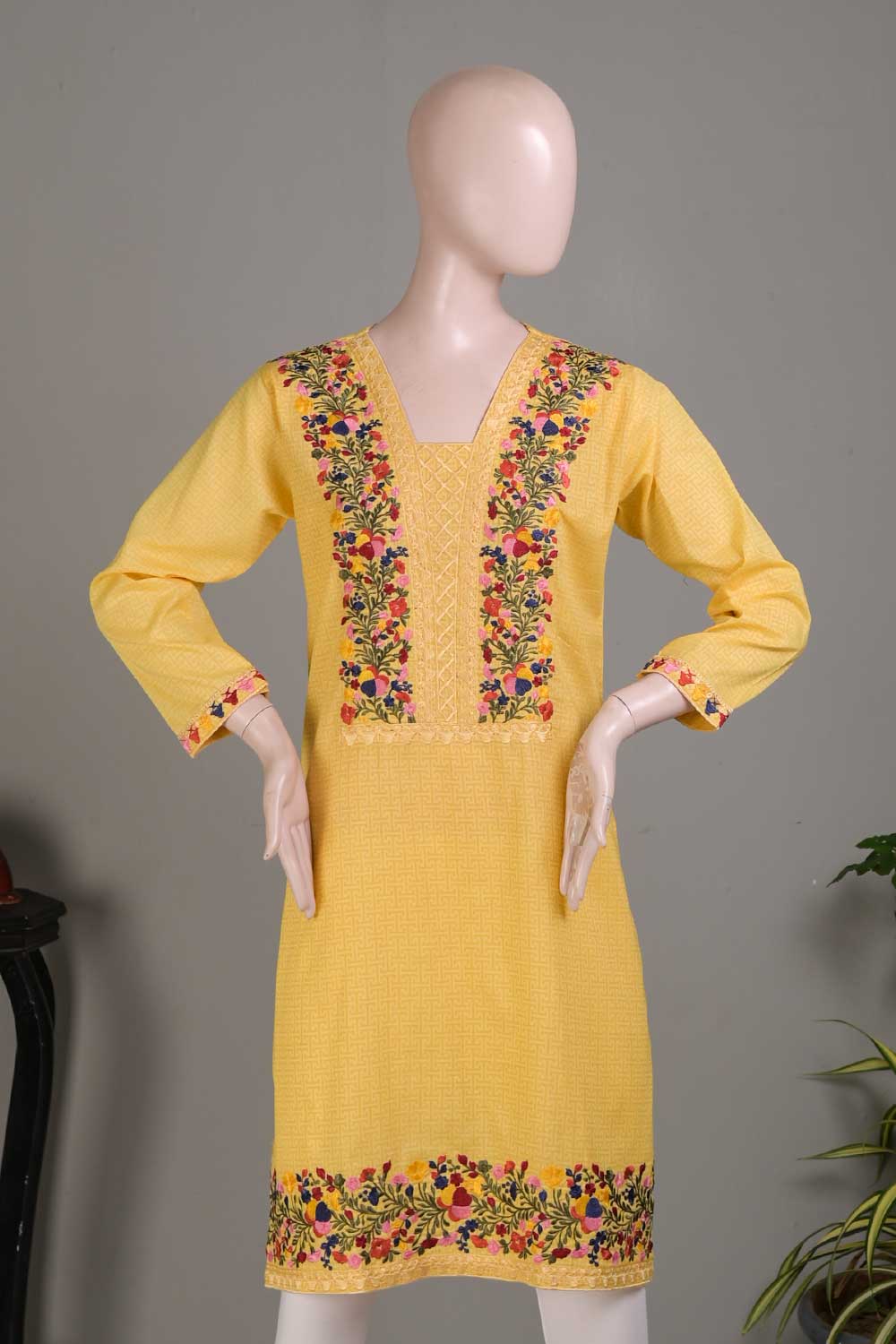 P-14-22-Yellow- Wide - Cambric Embroidered Kurti