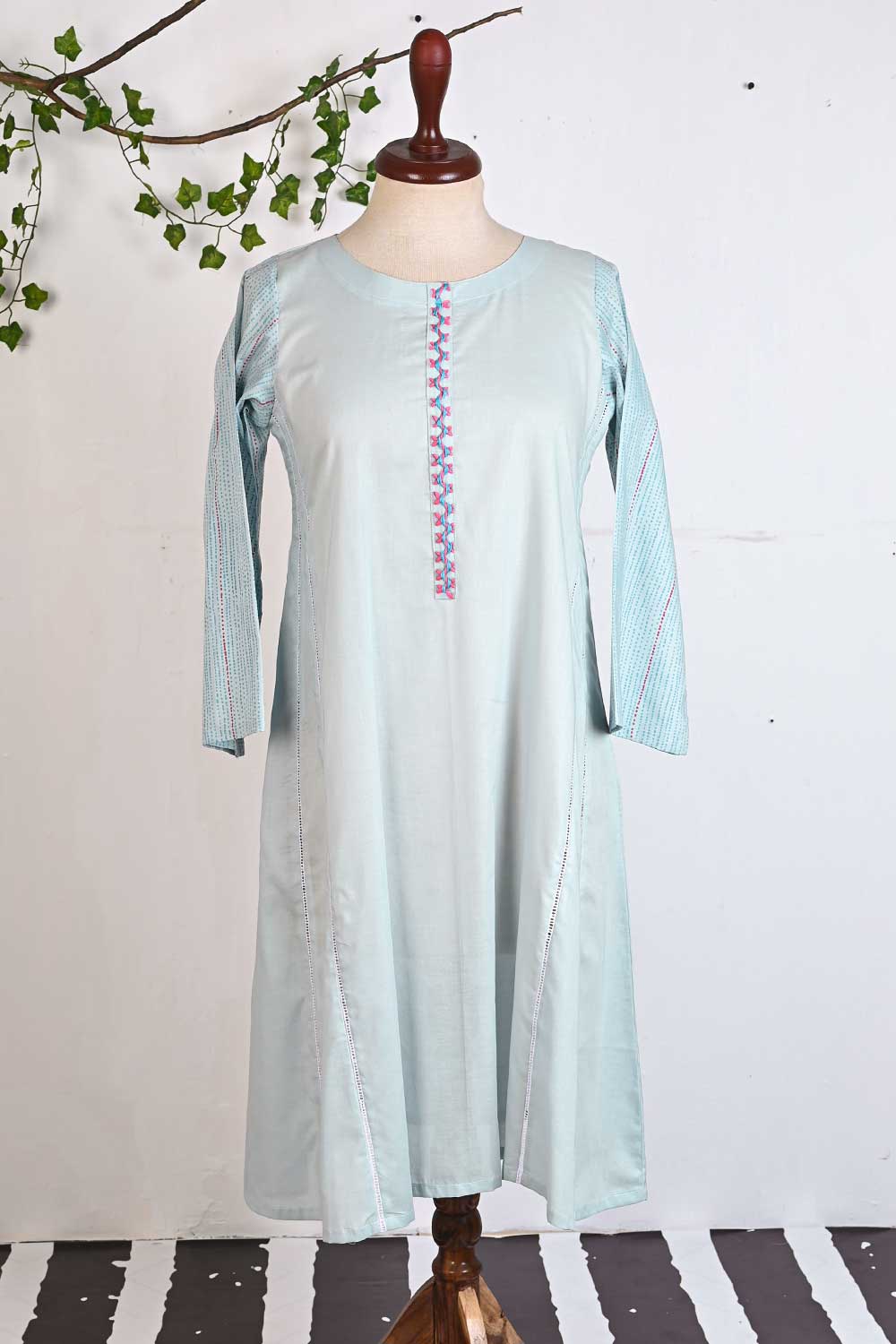 P-41-22-SkyBlue - Lace Frock - Cambric Embroidered Kurti