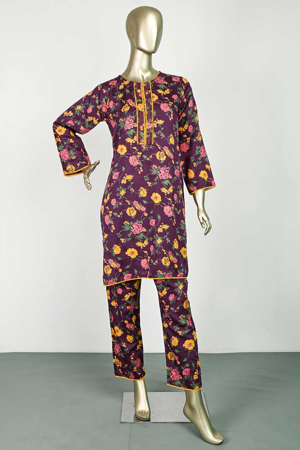 P-01-23-Purple - Viscose Yellow Flower | 2Pc Cambric Printed Shirt With Printed Trouser