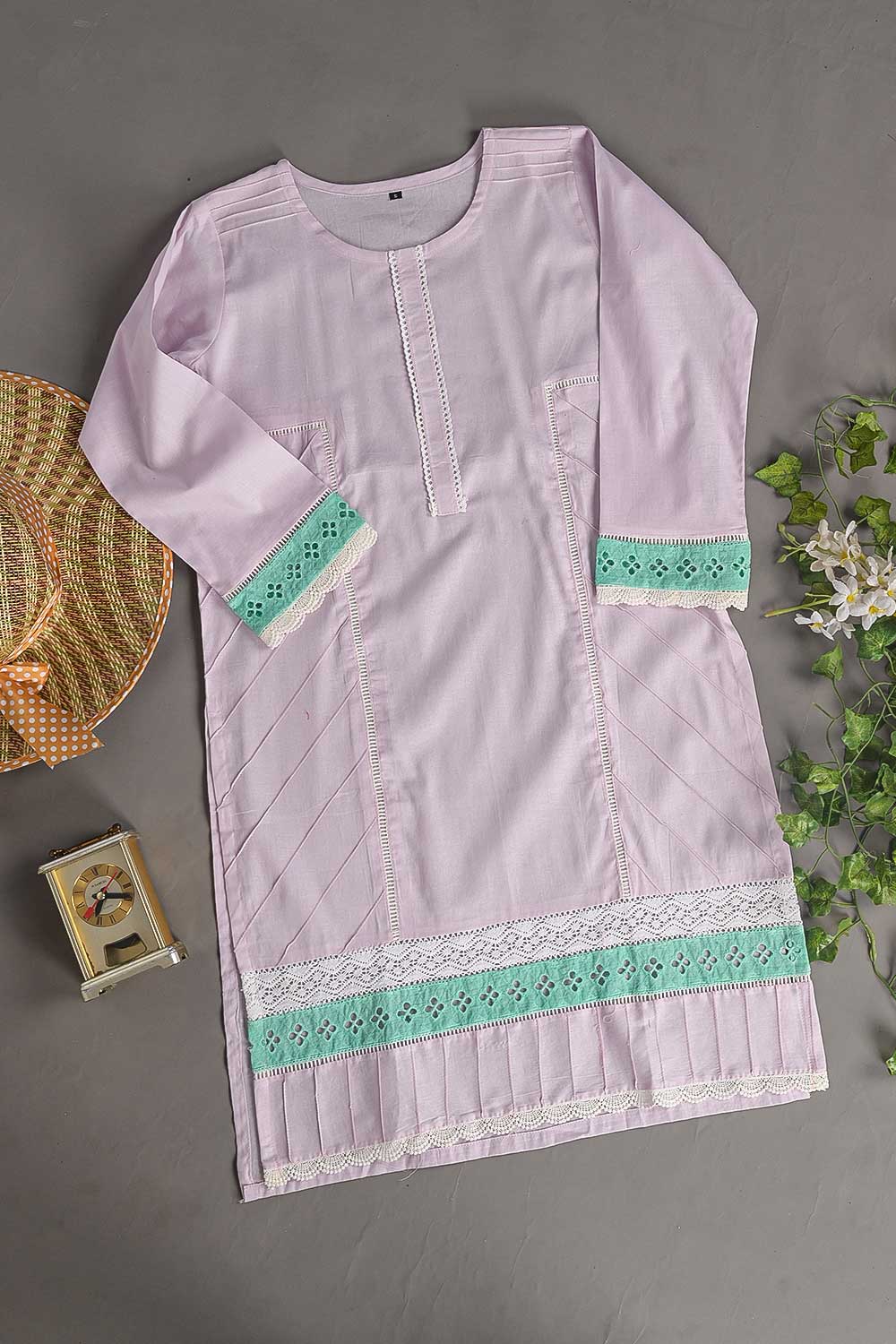 Cambric Pintex Kurti with Chikankari Borders - (P-38-20-LightPurple)