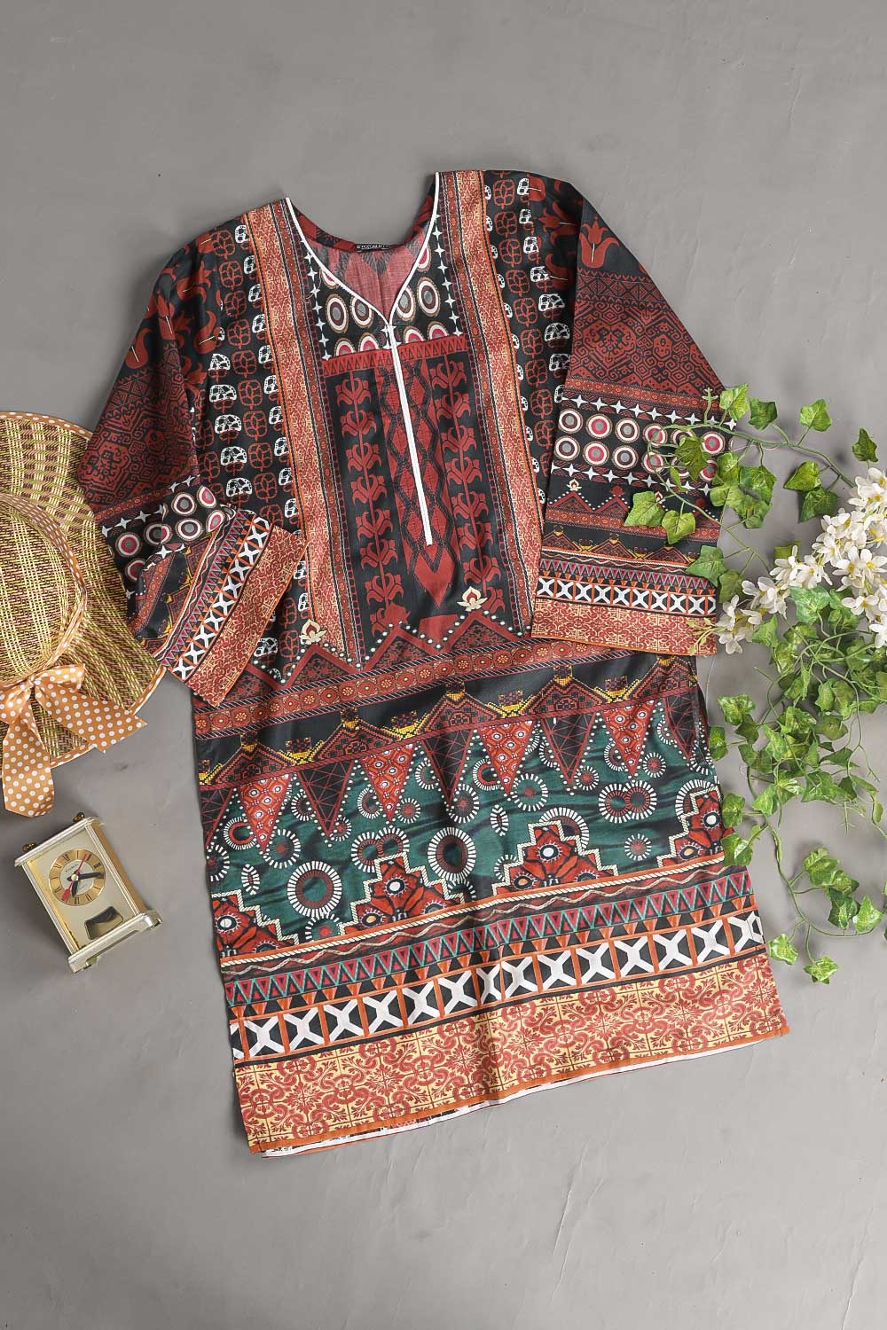 Cambric Printed Kurti - K&T Digital 1 (P-KTD1-21-RedMaroon)