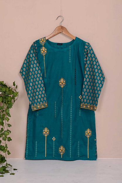 Cambric Embroidered & Printed Kurti - Flower Pot - (P-250-19-Blue)