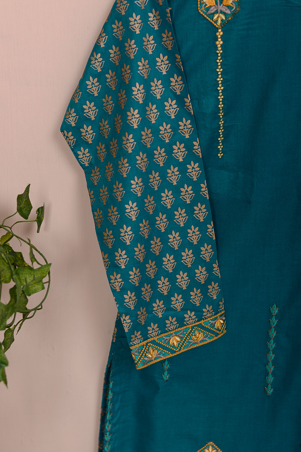 Cambric Embroidered & Printed Kurti - Flower Pot - (P-250-19-Blue)