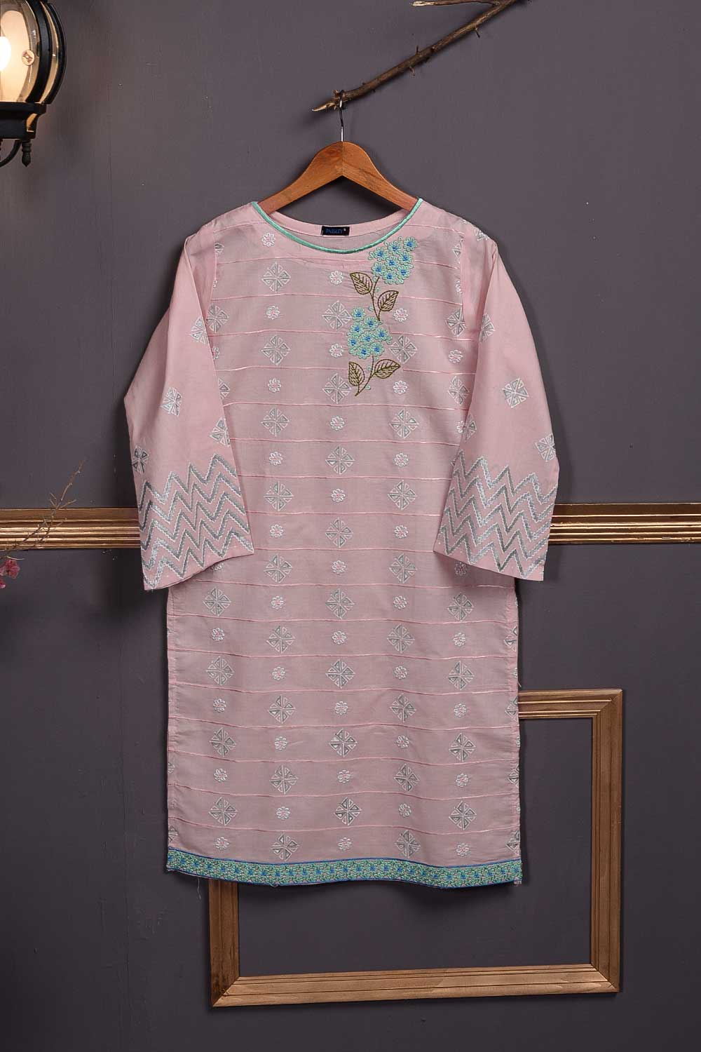 Cambric Embroidered & Printed Kurti – Triangle (P-247-19-Pink)