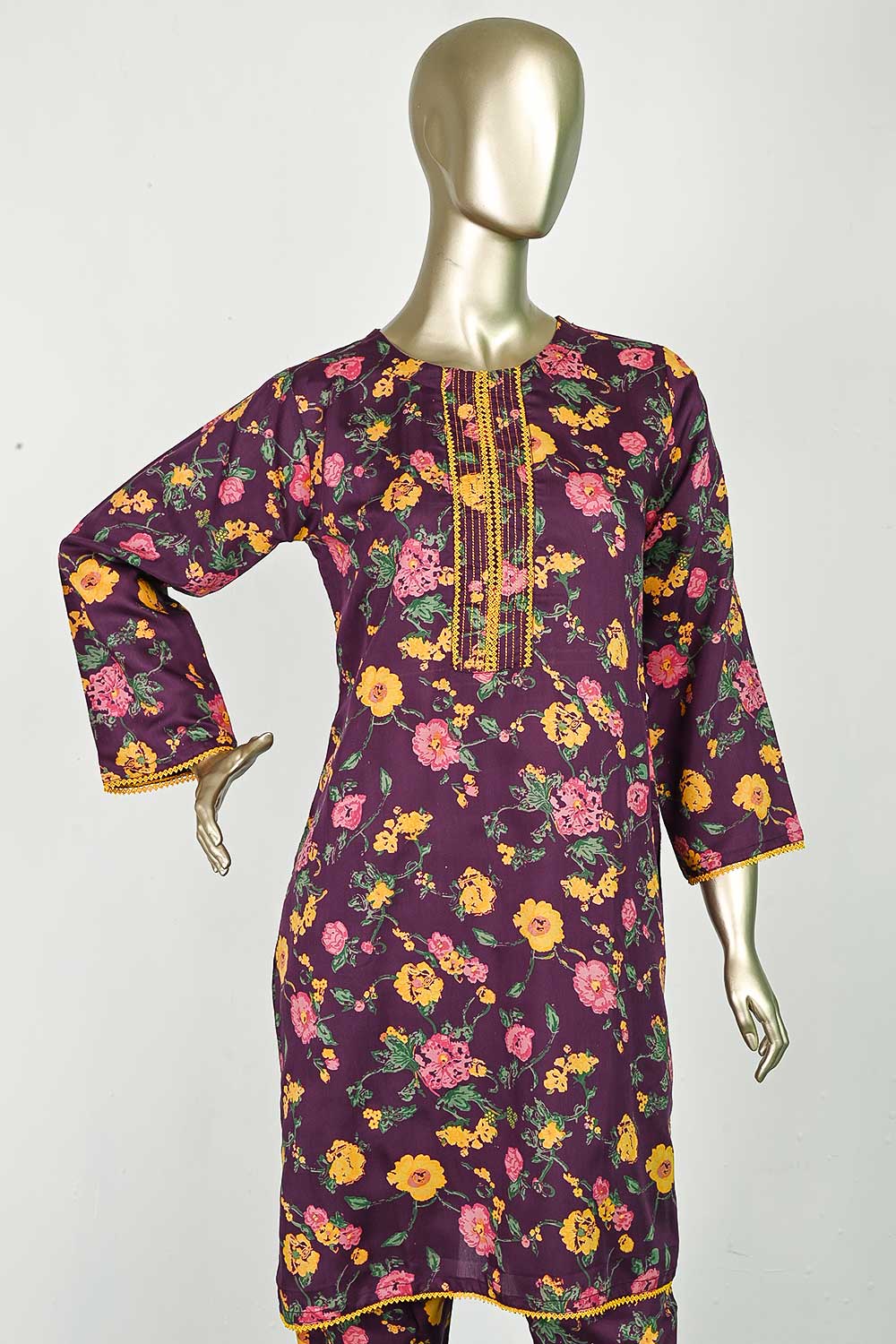 P-01-23-Purple - Viscose Yellow Flower | 2Pc Cambric Printed Shirt With Printed Trouser