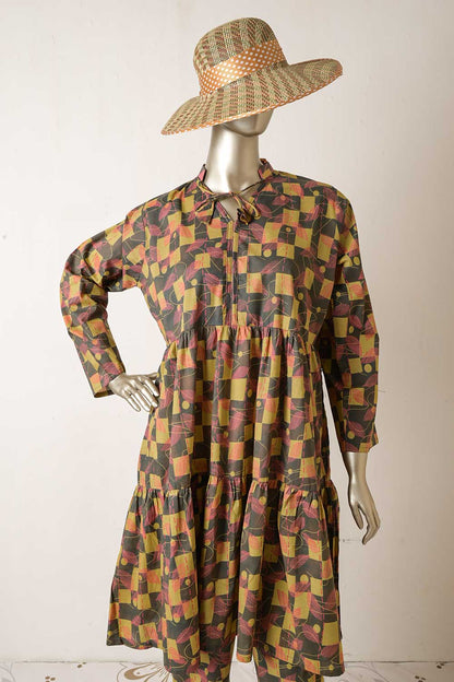 P-64-22-Mustard - Box-Frock | 2Pc Cambric Printed Frock With Printed Trouser