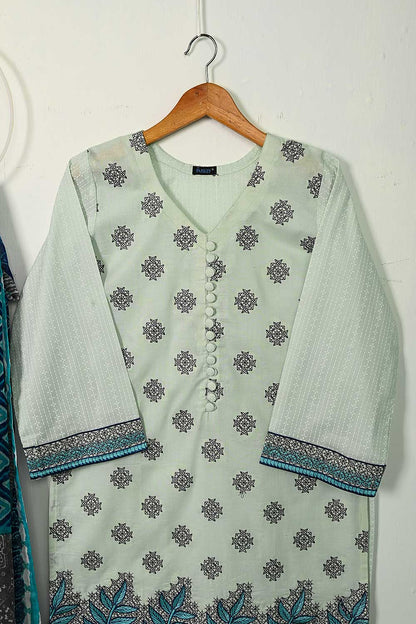 Lime 2PC (P-65-21-Mint) - Cotton Embroidered Shirt With Printed Chiffon Dupatta