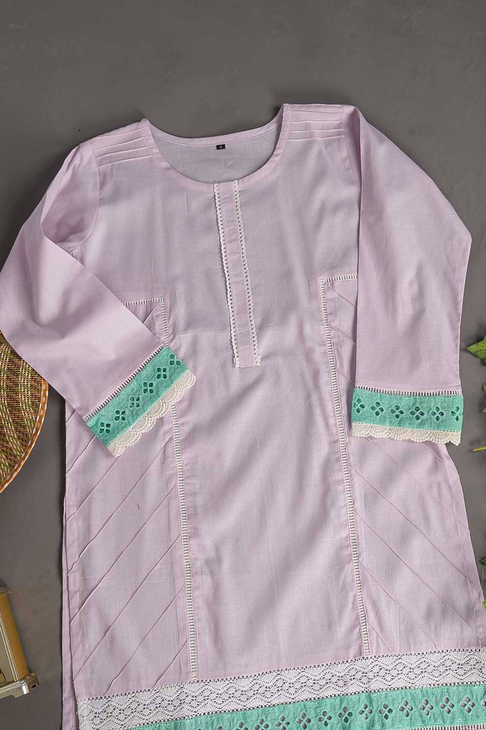 Cambric Pintex Kurti with Chikankari Borders - (P-38-20-LightPurple)