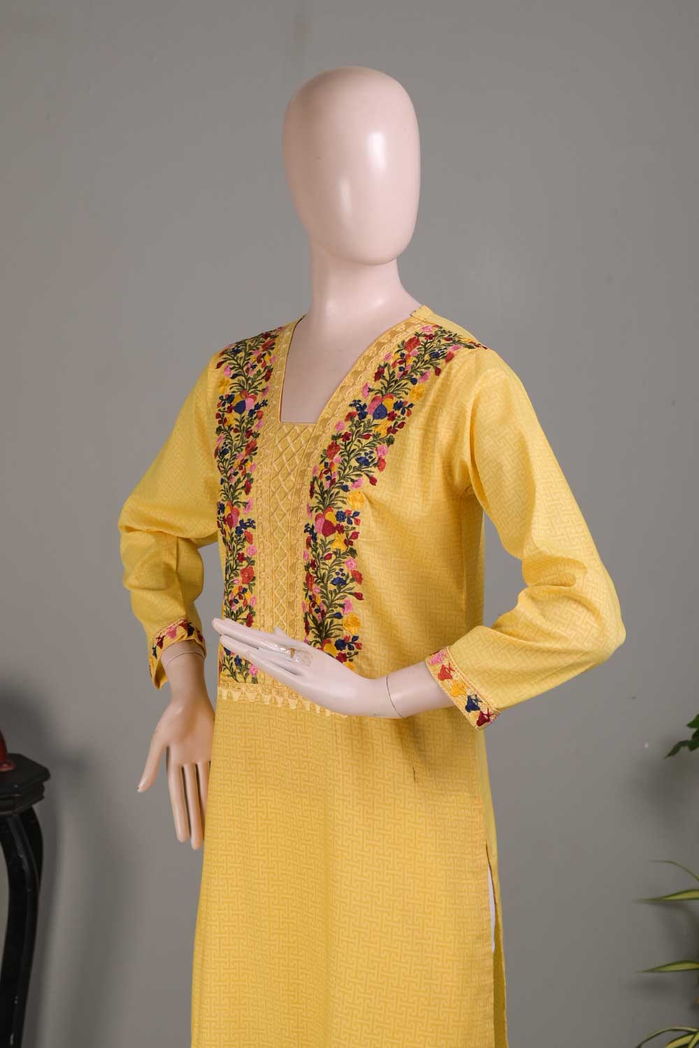 P-14-22-Yellow- Wide - Cambric Embroidered Kurti