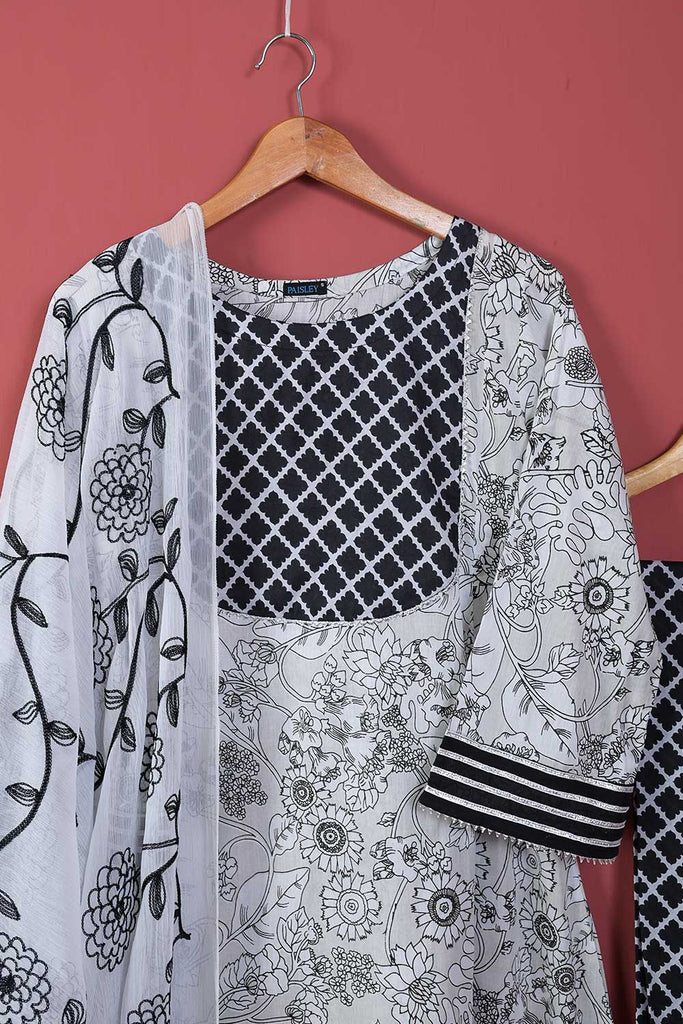 Smartel Frock (P-64-21-Black & White) - 3Pc Cotton Printed with Gota Work With Embroidered Chiffon Dupatta With Cotton Printed Trouser