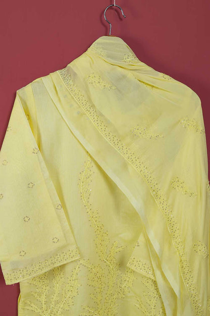 Khombi Paper Cotton 2PC (P-KPC2pc-21-Yellow) - Paper Cotton Embroidered Shirt With Mirror Work With Chiffon Embroidered Dupatta