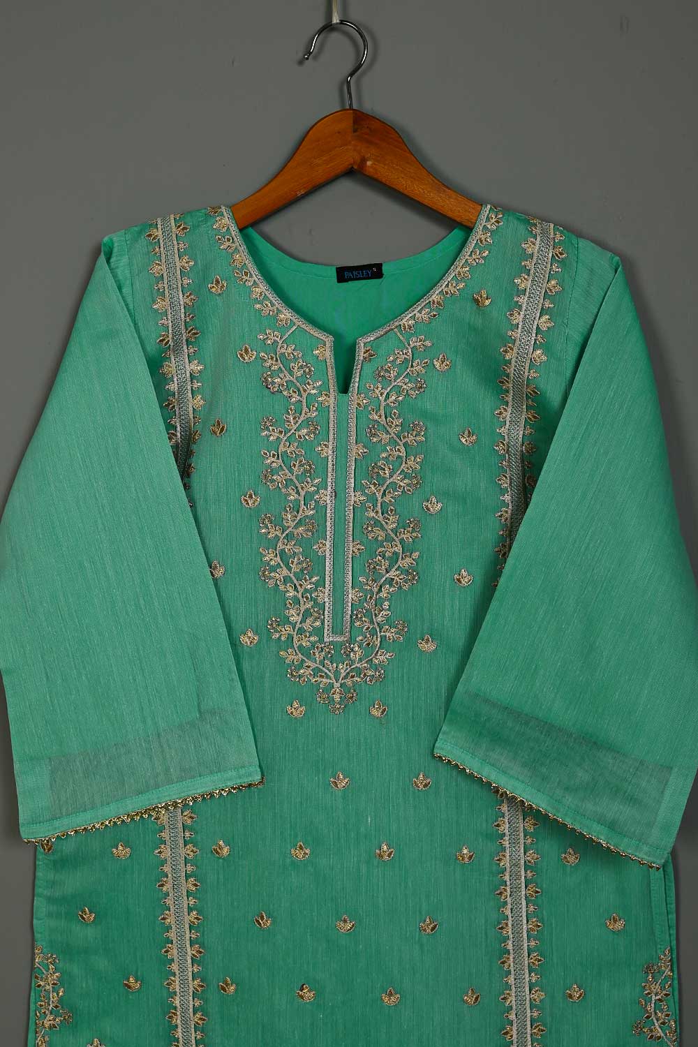 P-104-21-Sea Green - Paper Cotton 5 - Paper Cotton Embroidered Kurti